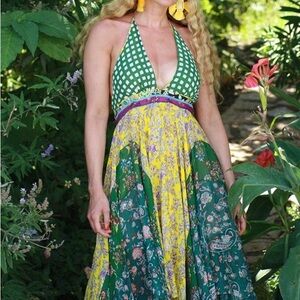 ZARA STUDIO ASYMMETRIC PATCHWORK DRESS HALTER V-NECK GREEN REF .2493/711